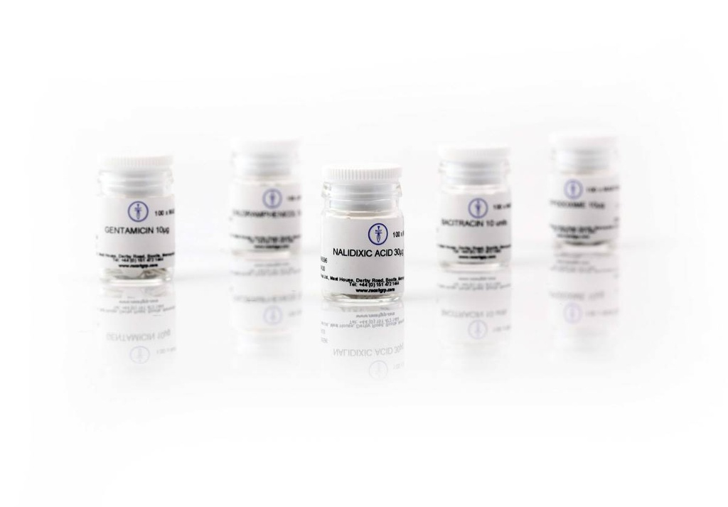 [110311] Bacitracin 10 units MASTDISCS AST susceptibility discs, 5 × 50 discs in cartridges